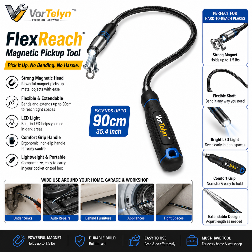 VorTelyn™ Magnetic Pickup Tool Flexible Reach Retrieval Tool with LED Light
