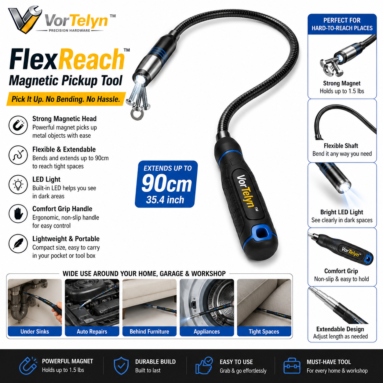 VorTelyn™ Magnetic Pickup Tool Flexible Reach Retrieval Tool with LED Light