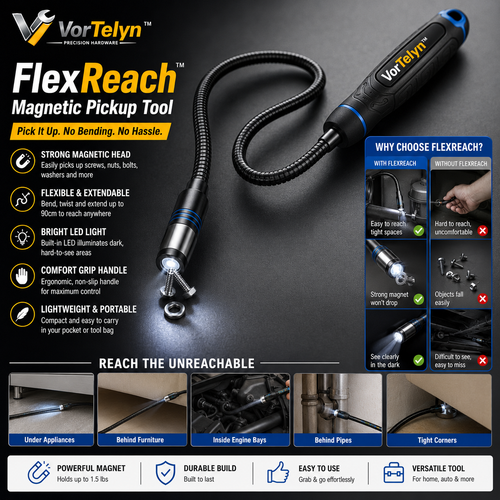VorTelyn™ Magnetic Pickup Tool Flexible Reach Retrieval Tool with LED Light