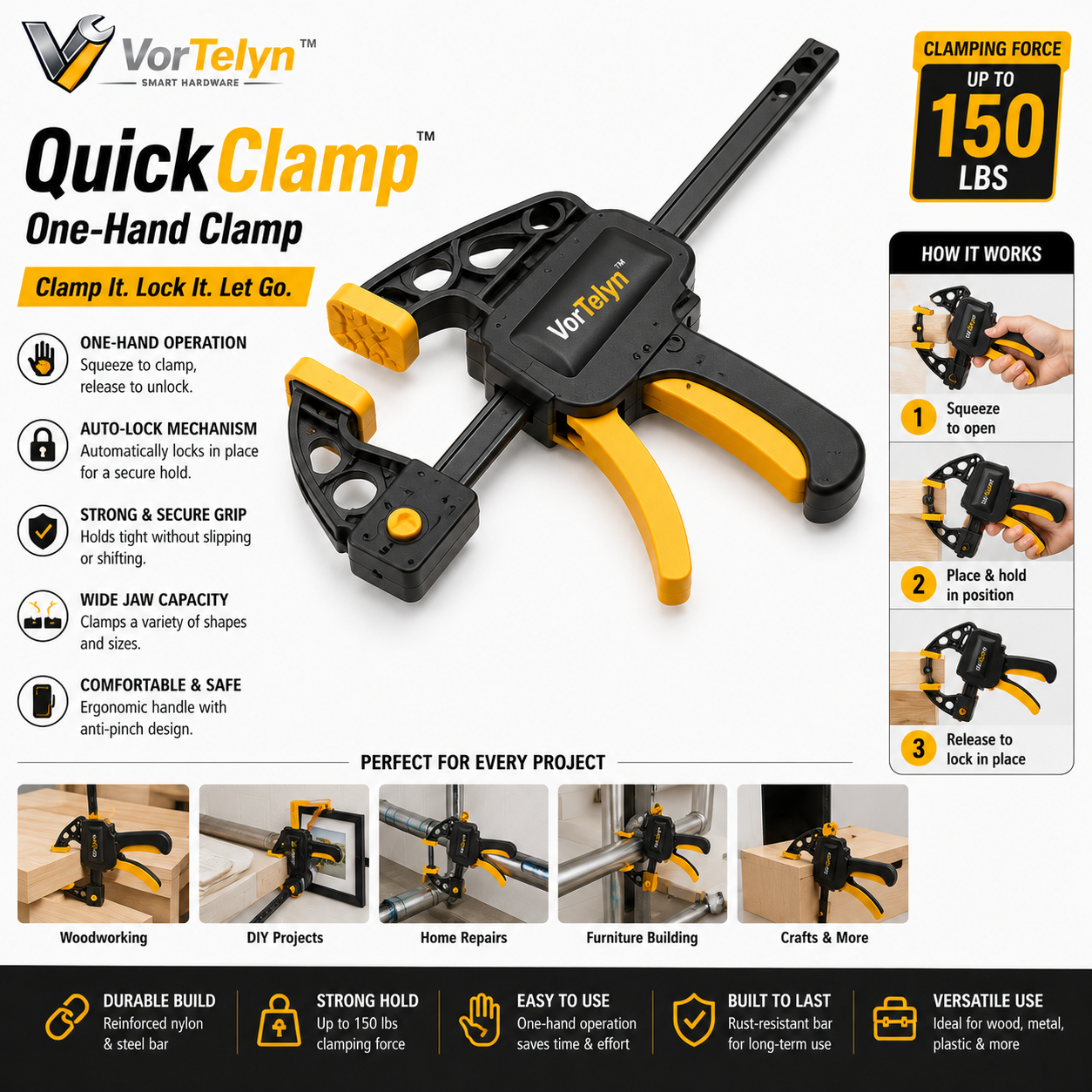 VorTelyn™ One-Hand Clamp Fast-Lock Trigger Clamp for DIY & Workshop Projects