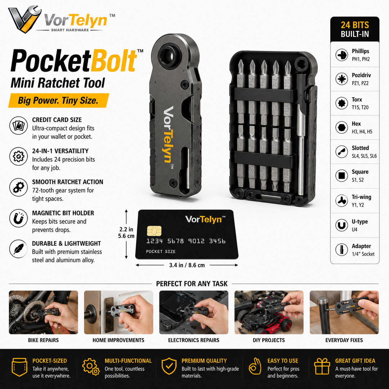 VorTelyn™ Mini Ratchet Tool Ultra-Compact 24-in-1 Pocket Repair System