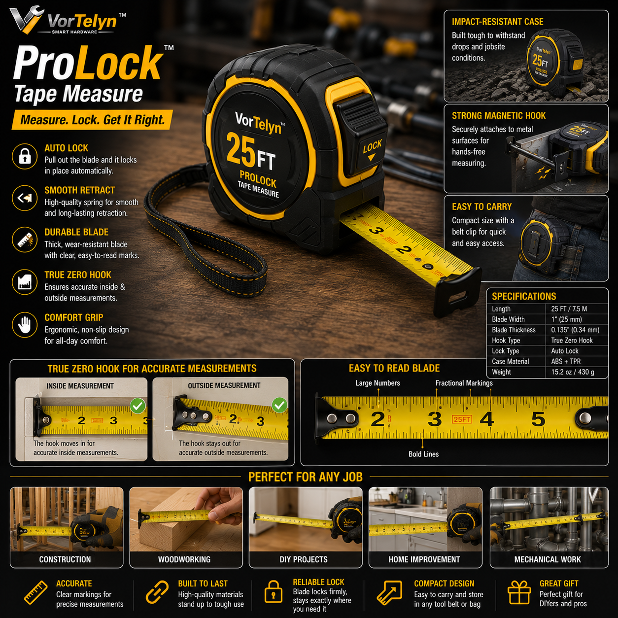 VorTelyn™ Tape Measure Professional Auto-Lock Measuring Tape