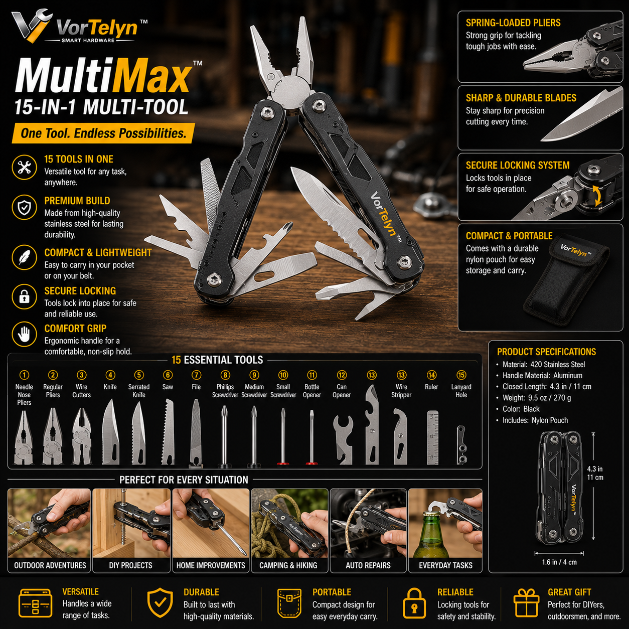 VorTelyn™ Multi-Tool 15-in-1 Professional Everyday Utility Tool