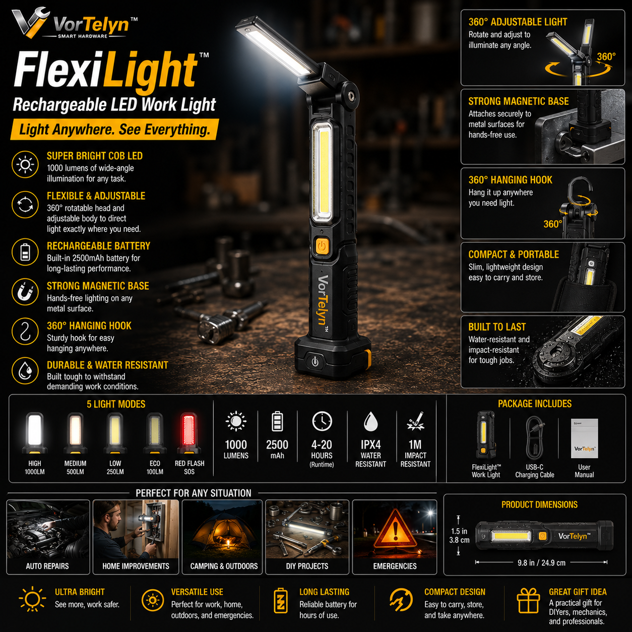 VorTelyn™ LED Work Light Rechargeable Magnetic COB Work Light