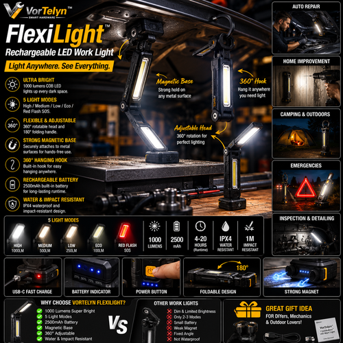 VorTelyn™ LED Work Light Rechargeable Magnetic COB Work Light